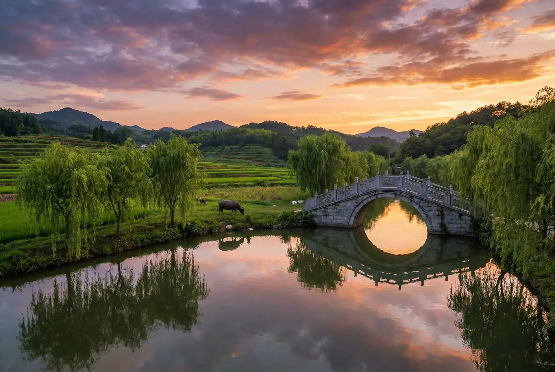 夕阳下的石拱桥与垂柳，水牛在河边吃草 - 海信智慧城市 乡村美景